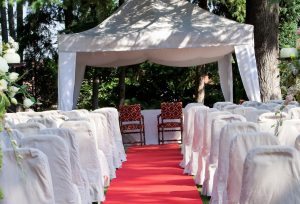 White Fitted Chair Covers & Red Carpet Runner